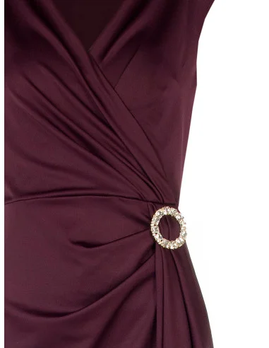 Robe midi en lycra à décolleté cache-cœur en V, détail bijou et long volant Rinascimento