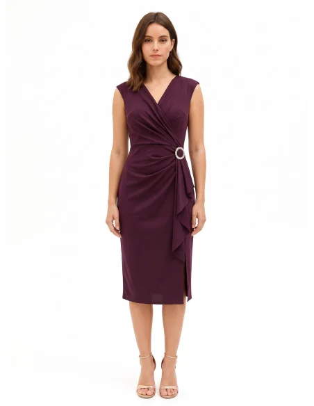 Robe midi en lycra à décolleté cache-cœur en V, détail bijou et long volant Rinascimento