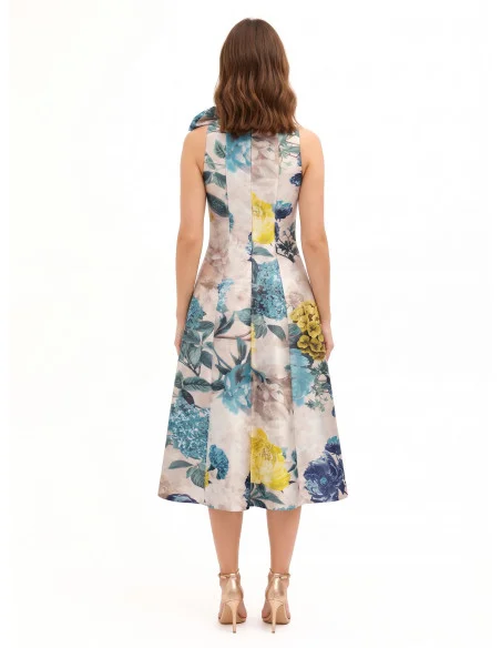 Robe midi en satin duchesse structuré avec nœud et poches Rinascimento - Bleu pétrole