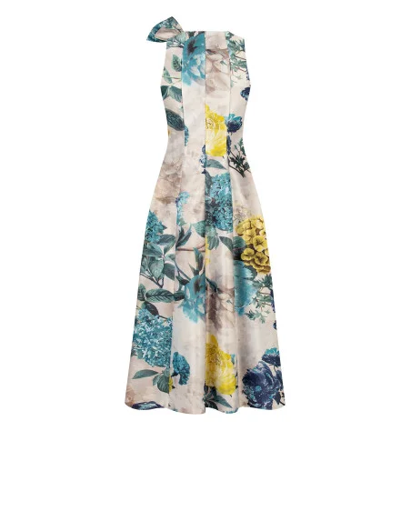 Robe midi en satin duchesse structuré avec nœud et poches Rinascimento - Bleu pétrole