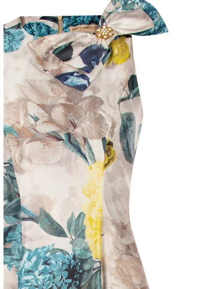 Robe midi en satin duchesse structuré avec nœud et poches Rinascimento - Bleu pétrole