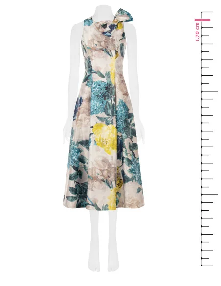 Robe midi en satin duchesse structuré avec nœud et poches Rinascimento - Bleu pétrole