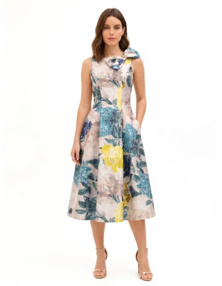 Robe midi en satin duchesse structuré avec nœud et poches Rinascimento - Bleu pétrole