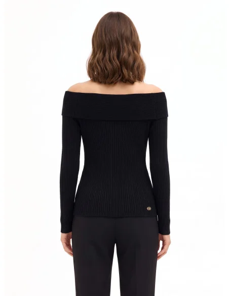 Pull ajusté côtelé à épaules dénudées avec plaque logo Rr Rinascimento - Noir