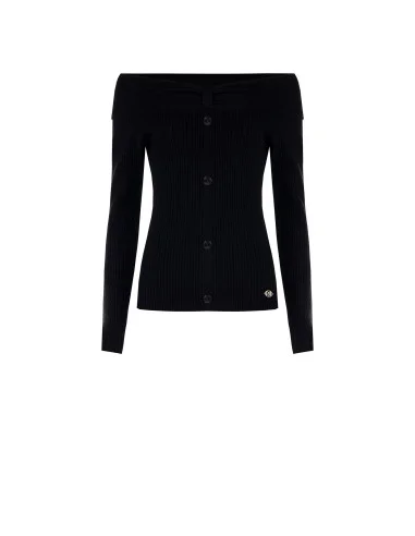 Pull ajusté côtelé à épaules dénudées avec plaque logo Rr Rinascimento - Noir