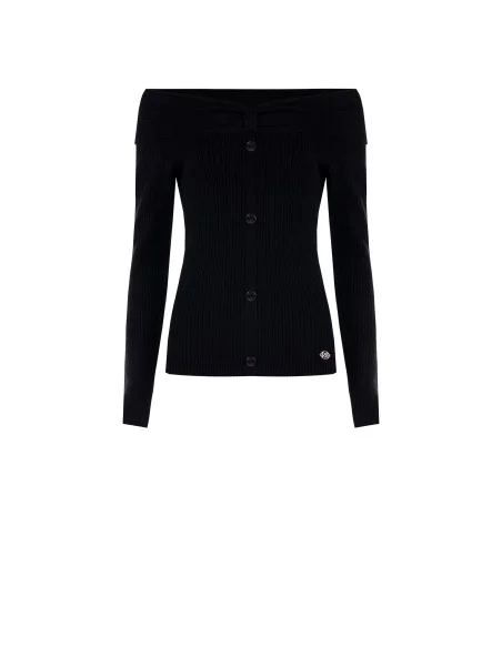 Pull ajusté côtelé à épaules dénudées avec plaque logo Rr Rinascimento - Noir