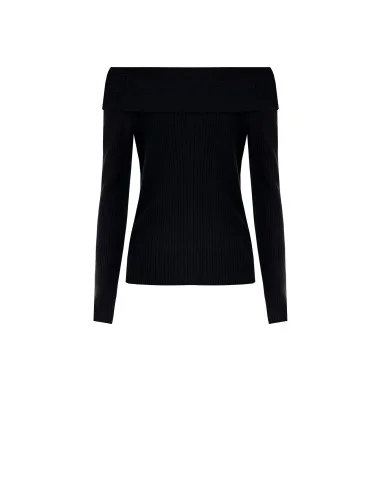Pull ajusté côtelé à épaules dénudées avec plaque logo Rr Rinascimento - Noir