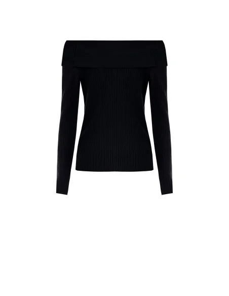Pull ajusté côtelé à épaules dénudées avec plaque logo Rr Rinascimento - Noir