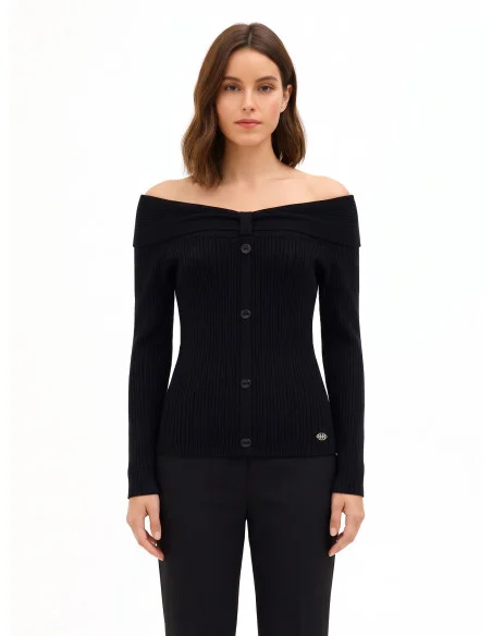 Pull ajusté côtelé à épaules dénudées avec plaque logo Rr Rinascimento - Noir