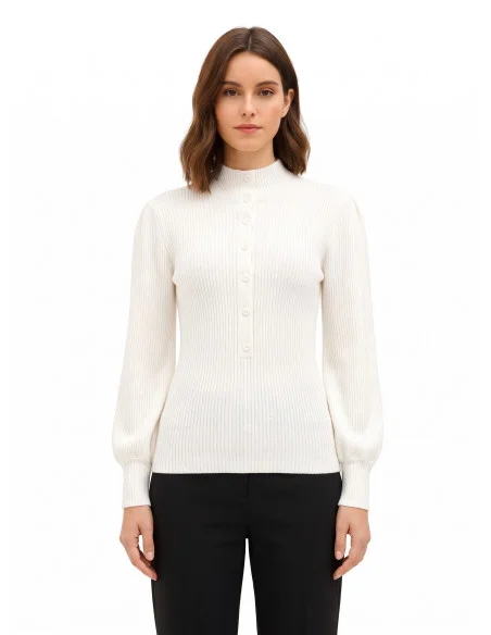 Pull à col roulé côtelé avec manches bouffantes et boutons ton sur ton Rinascimento - Blanc crème