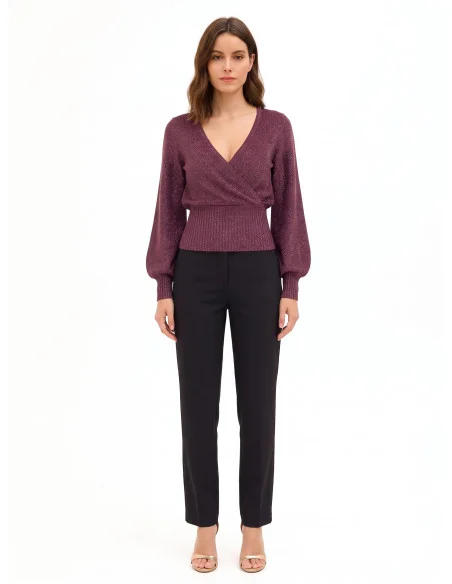 Pull en fil lurex avec décolleté en V croisé Rinascimento - Bordeaux