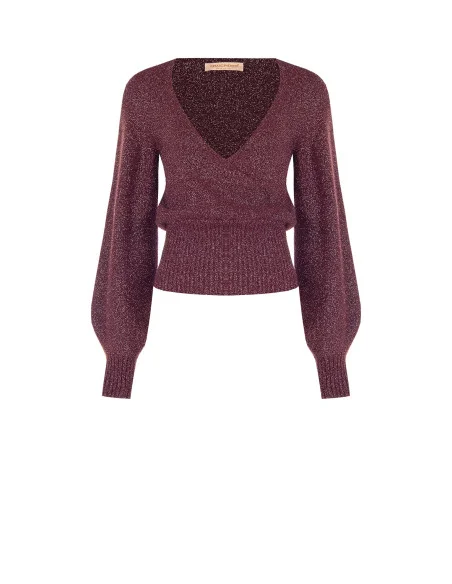 Pull en fil lurex avec décolleté en V croisé Rinascimento - Bordeaux
