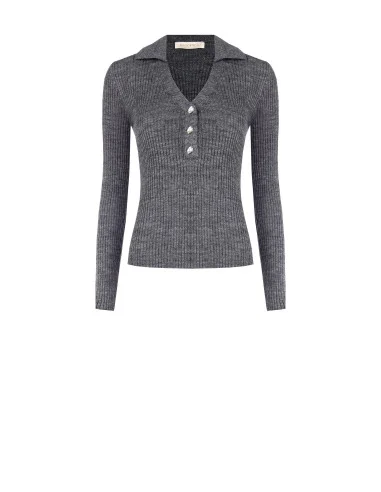 Pull ajusté côtelé à col polo avec boutons bijou Rinascimento