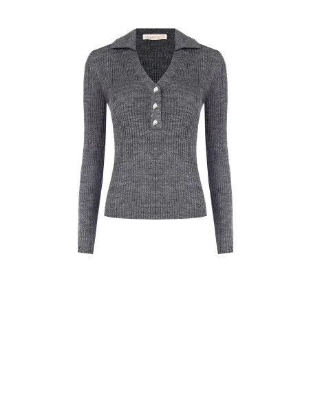 Pull ajusté côtelé à col polo avec boutons bijou Rinascimento