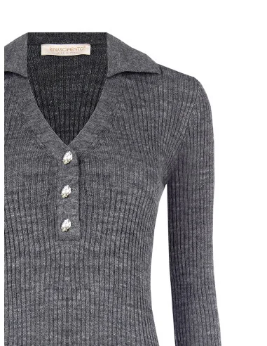 Pull ajusté côtelé à col polo avec boutons bijou Rinascimento