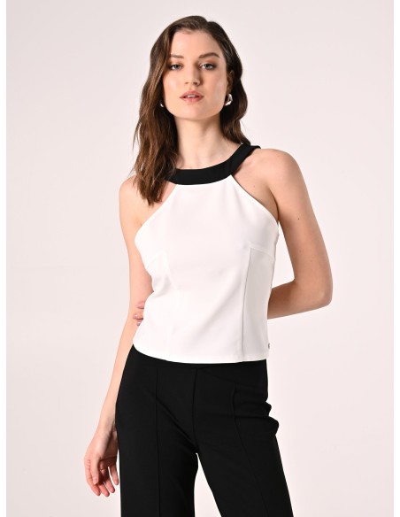 Crop-top ajusté en tissu technique avec nœud au dos Rinascimento
