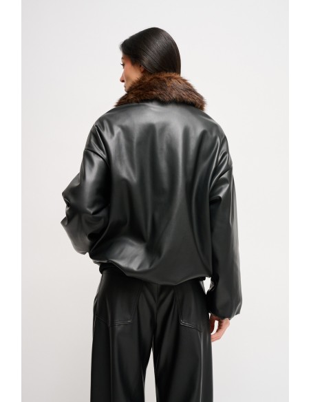 Maryley - Blouson bombardier en faux cuir avec col en fausse fourrure