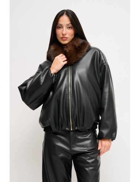 Maryley - Blouson bombardier en faux cuir avec col en fausse fourrure