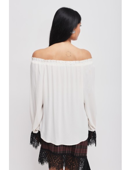 Blouse à encolure bateau et poignets en dentelle Maryley