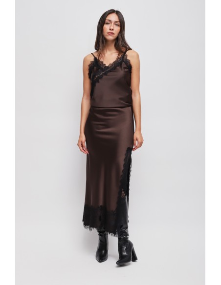 Jupe longue en satin avec dentelle Maryley