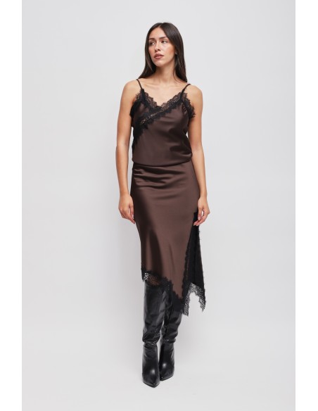 Jupe en satin avec bas asymétrique et dentelle Maryley