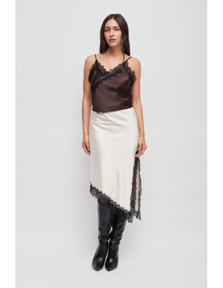 Jupe en satin avec bas asymétrique et dentelle Maryley
