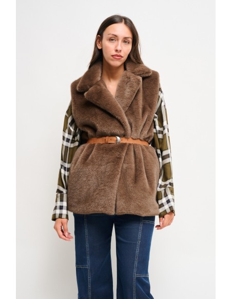 Maryley gilet van imitatiebont met riem