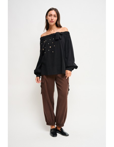 Maryley - Top à col bateau en viscose avec strass