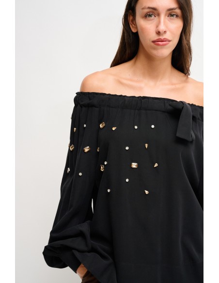 Maryley - Top à col bateau en viscose avec strass
