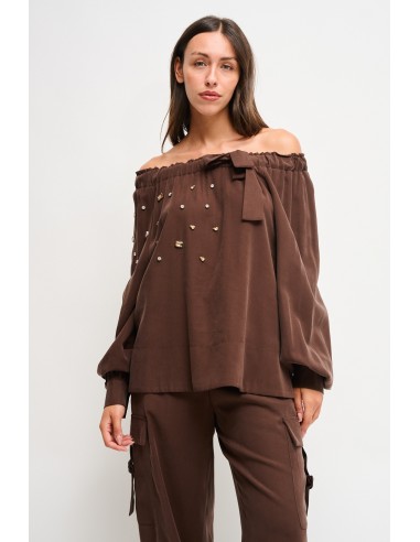 Viscose top met boothals en strass-steentjes van Maryley
