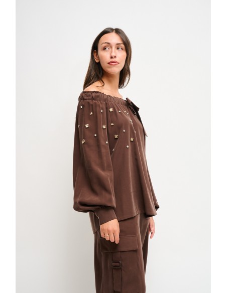 Maryley - Top à col bateau en viscose avec strass