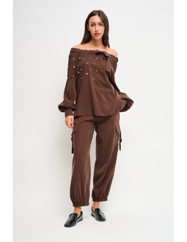 Viscose top met boothals en strass-steentjes van Maryley