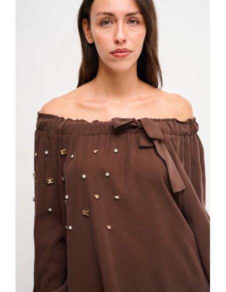 Viscose top met boothals en strass-steentjes van Maryley