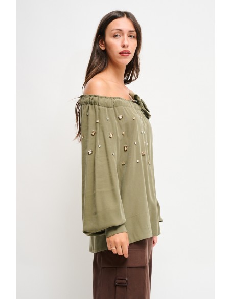 Maryley - Top à col bateau en viscose avec strass