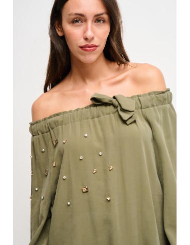 Viscose top met boothals en strass-steentjes van Maryley