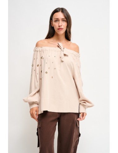 Viscose top met boothals en strass-steentjes van Maryley