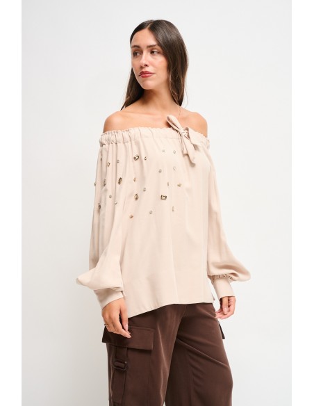 Viscose top met boothals en strass-steentjes van Maryley
