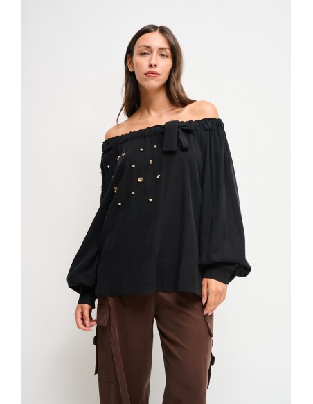 Viscose top met boothals en strass-steentjes van Maryley