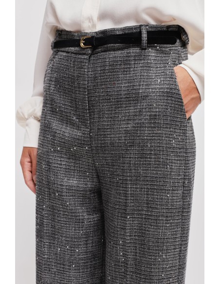Pantalon Prince of Wales Palace avec micro paillettes et ceinture Maryley