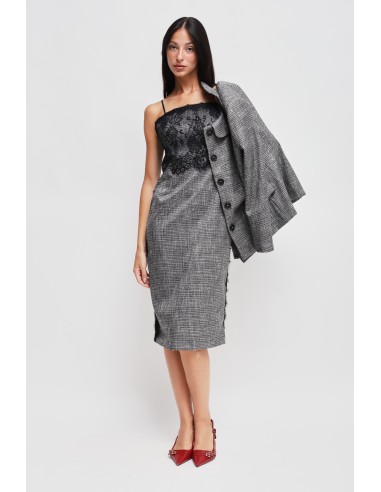 Robe fourreau Prince of Wales avec micro paillettes et dentelle Maryley