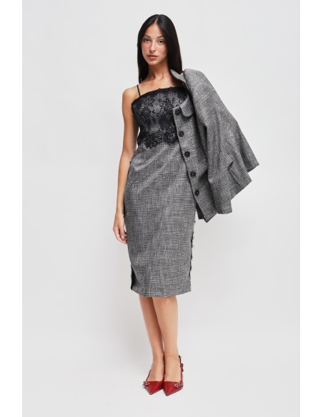 Robe fourreau Prince of Wales avec micro paillettes et dentelle Maryley