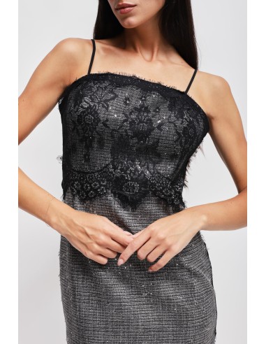 Robe fourreau Prince of Wales avec micro paillettes et dentelle Maryley
