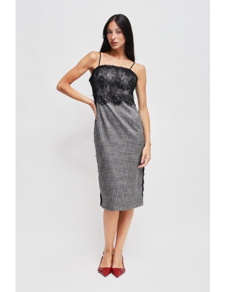 Robe fourreau Prince of Wales avec micro paillettes et dentelle Maryley