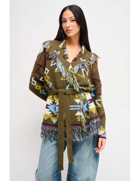 Maryley - Cardigan à motifs frangés avec ceinture