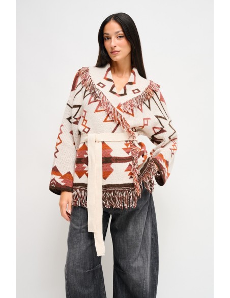 Maryley - Cardigan à motifs frangés avec ceinture