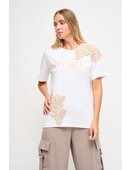 Maryley T-shirt met print en kanten inzetstukken
