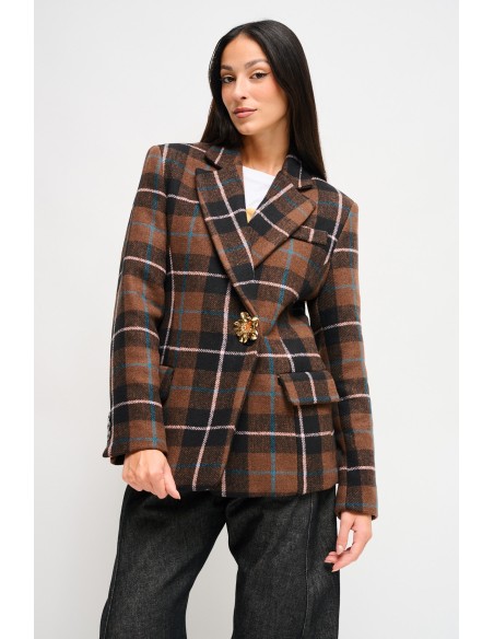 Veste à carreaux en drap avec broche Maryley