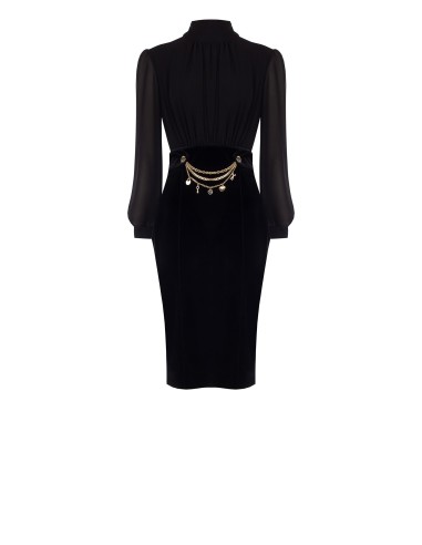 2-delige jurk met top van georgette en fluwelen rok met kettingen en hangers Rinascimento