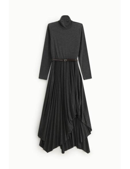 Robe longue à col montant avec jupe plissée asymétrique Dixie
