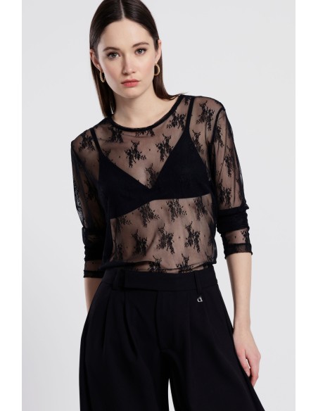 T-shirt à manches longues en tulle brodé Dixie